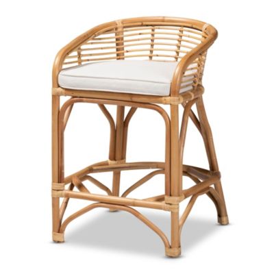 Maverick Modern Bohemian White Fabric Upholstered and Natural Brown Rattan Counter Stool