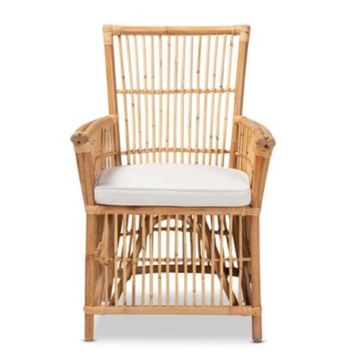 Rose Modern Bohemian White Fabric Upholstered and Natural Brown Rattan Armchair