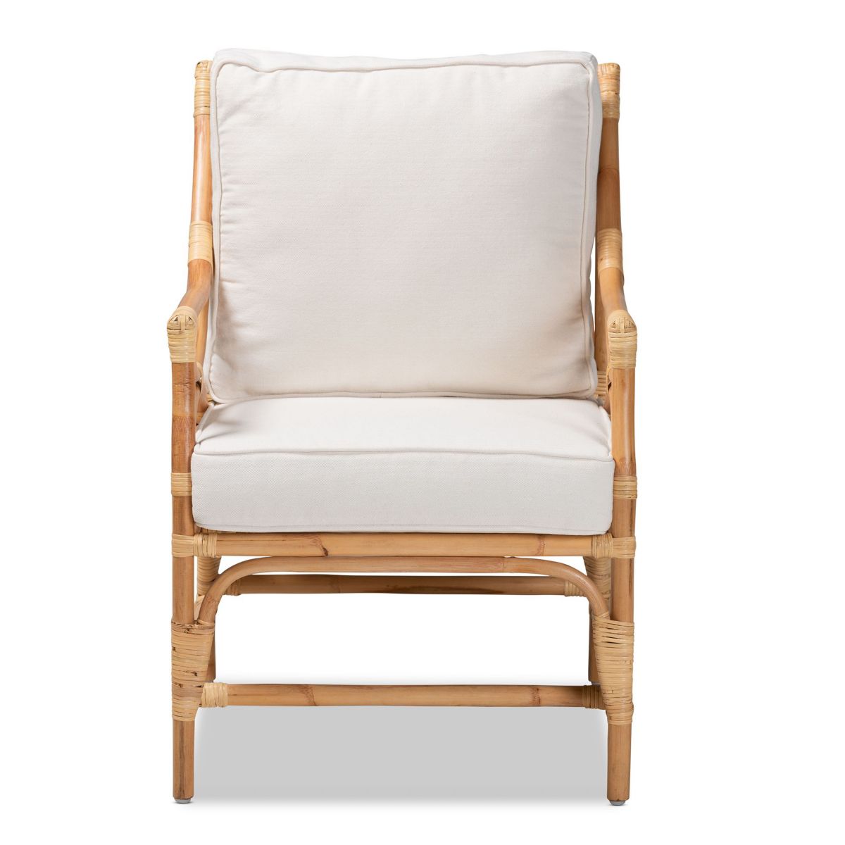 Brandon Modern Bohemian White Fabric Upholstered and Natural Brown Rattan Armchair