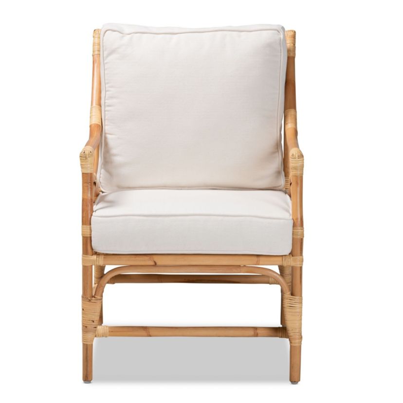 Brandon Modern Bohemian White Fabric Upholstered and Natural Brown Rattan Armchair