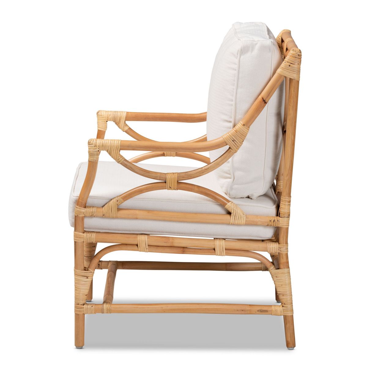 Brandon Modern Bohemian White Fabric Upholstered and Natural Brown Rattan Armchair
