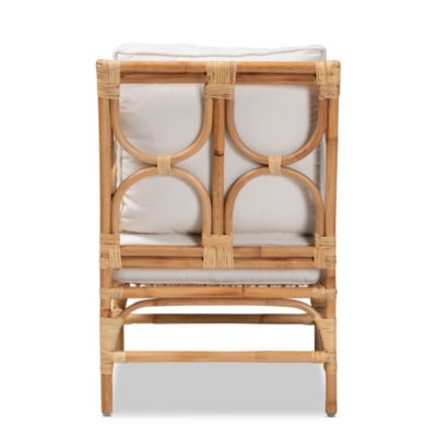 Brandon Modern Bohemian White Fabric Upholstered and Natural Brown Rattan Armchair