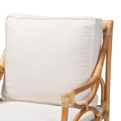 Brandon Modern Bohemian White Fabric Upholstered and Natural Brown Rattan Armchair