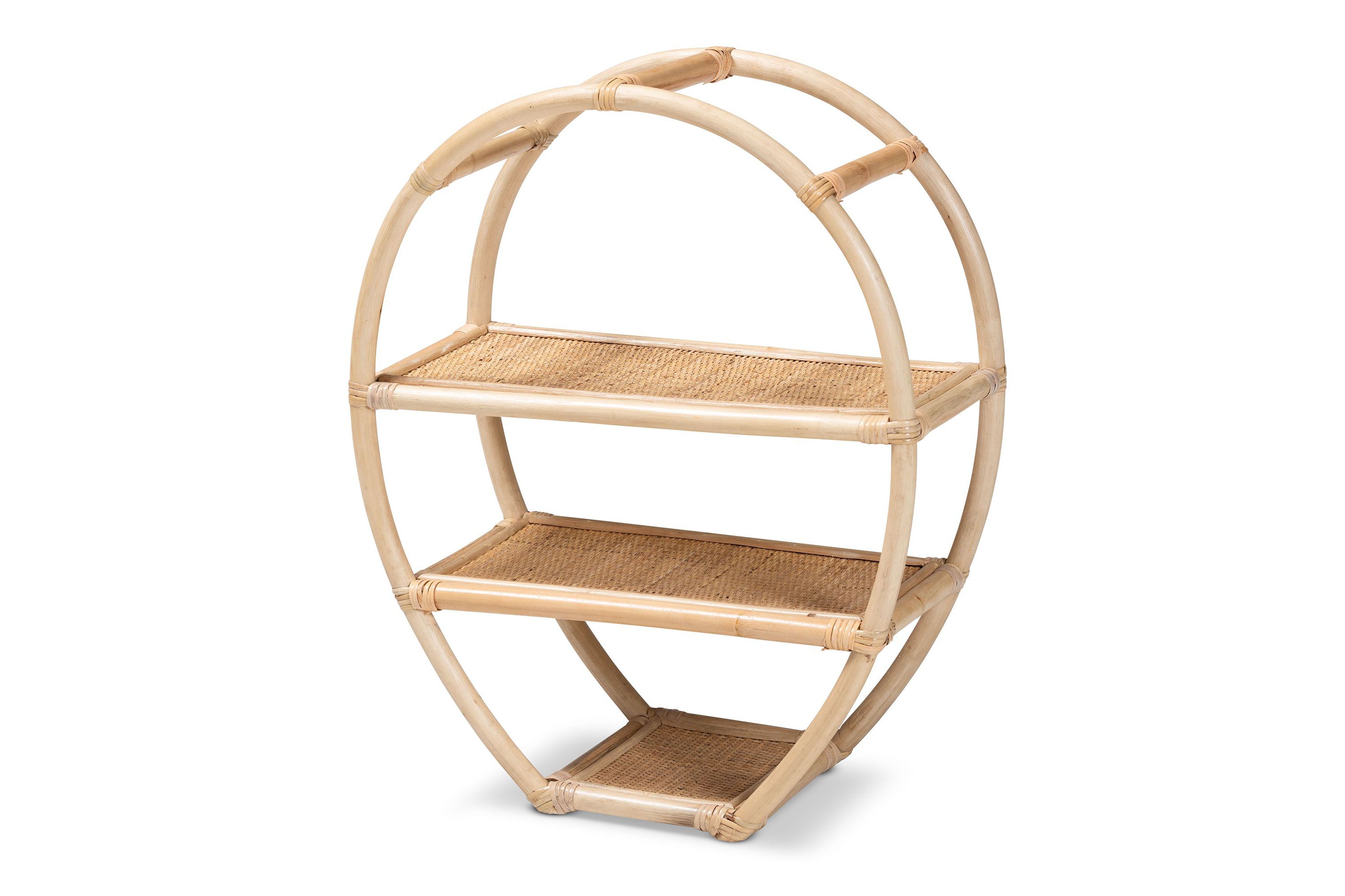 Ruana Modern Bohemian Natural Brown Finished Rattan 3-Tier Display Shelf