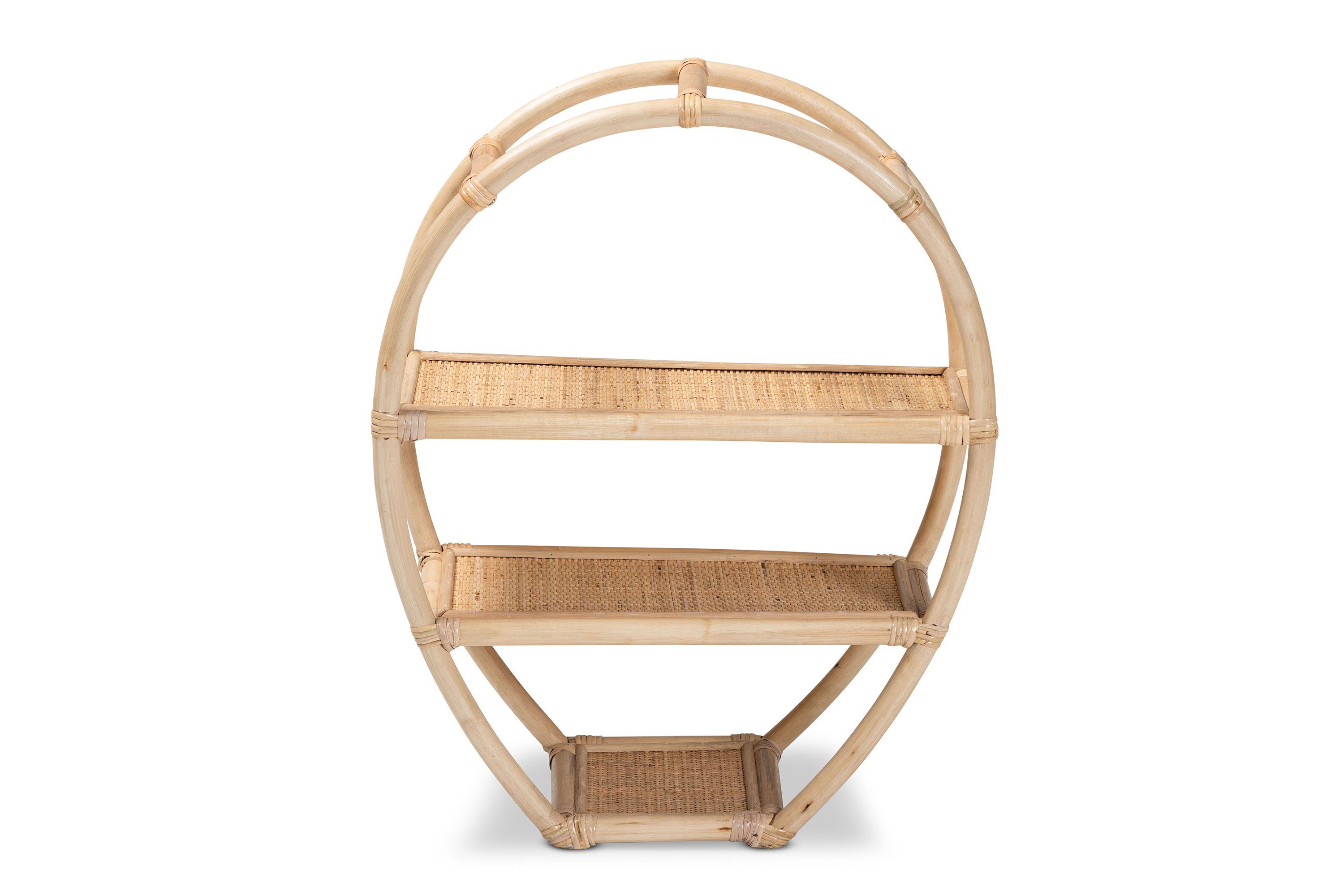 Ruana Modern Bohemian Natural Brown Finished Rattan 3-Tier Display Shelf