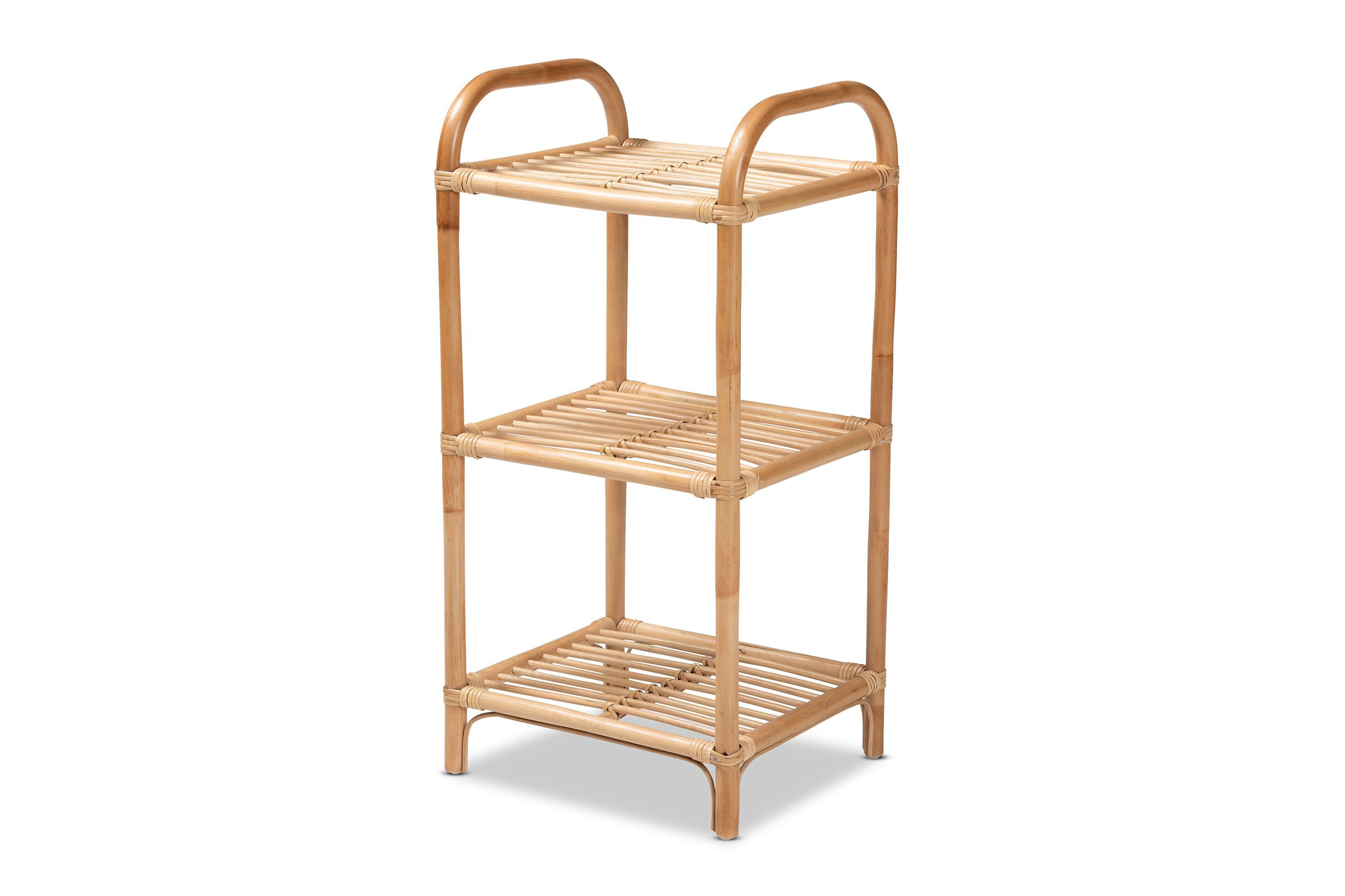 Barras Modern Bohemian Natural Brown Finished Rattan 3-Tier Display Shelf