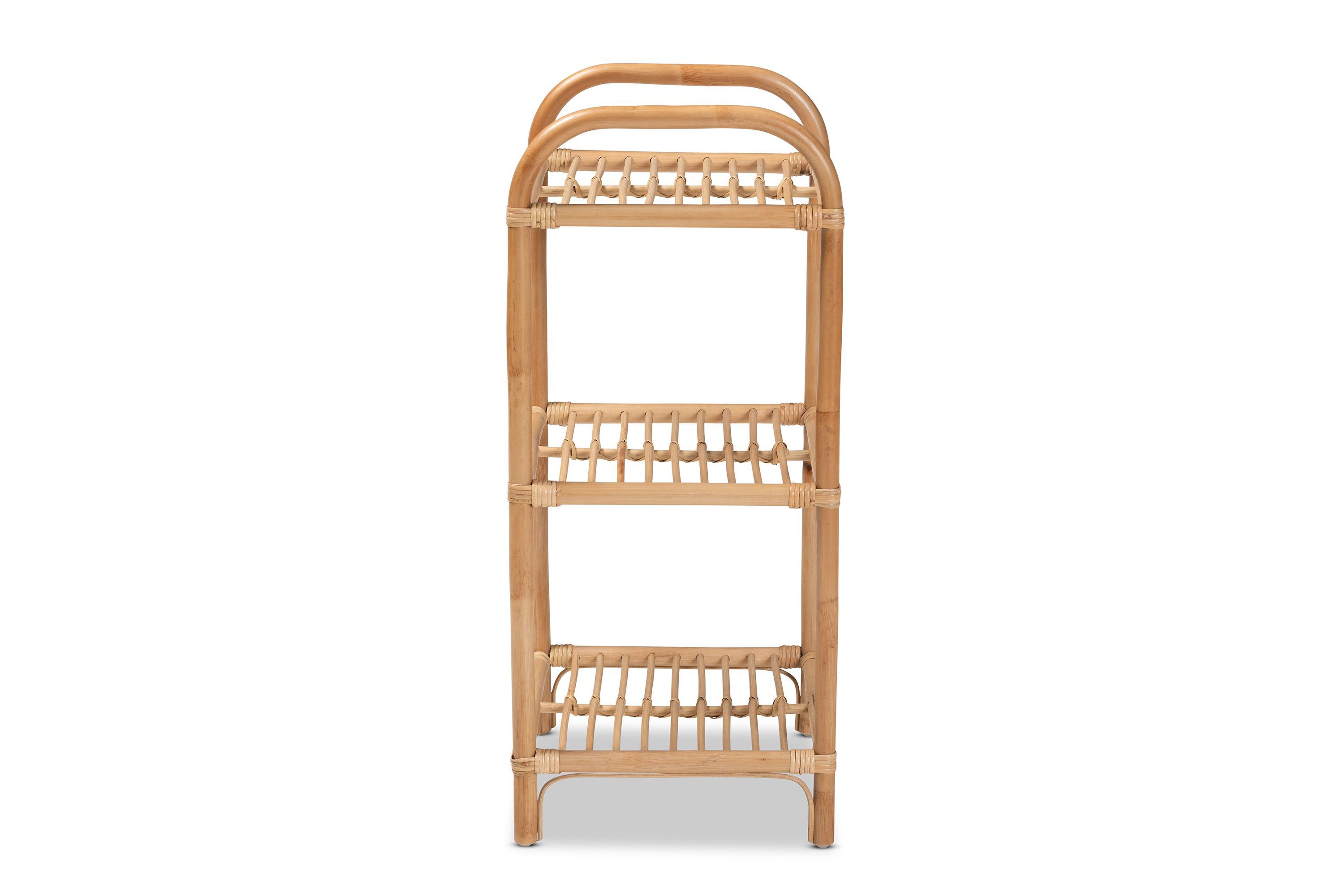 Barras Modern Bohemian Natural Brown Finished Rattan 3-Tier Display Shelf
