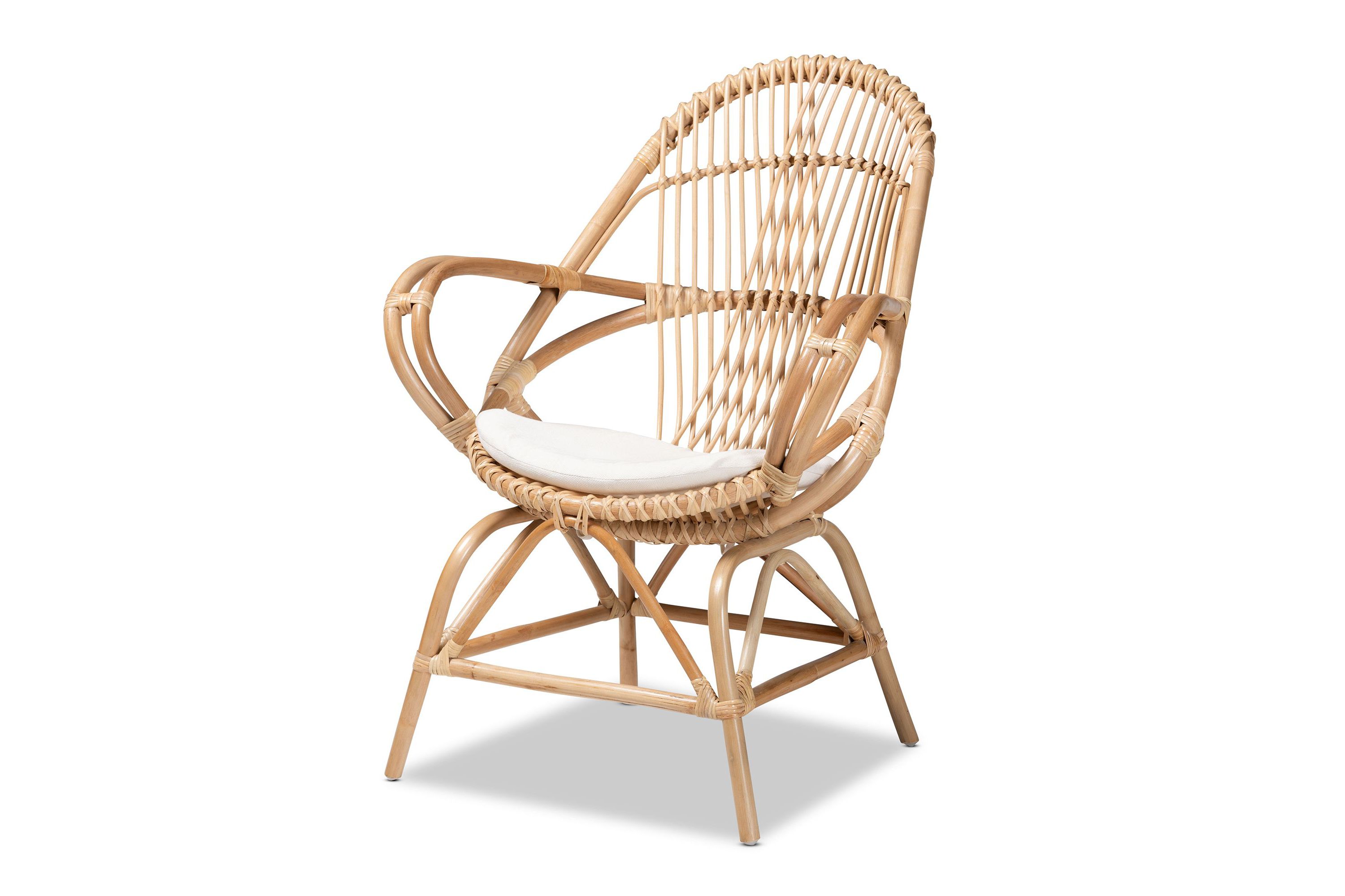 Jayden Modern Bohemian White Fabric Upholstered and Natural Brown Finished Rattan Accent Chair