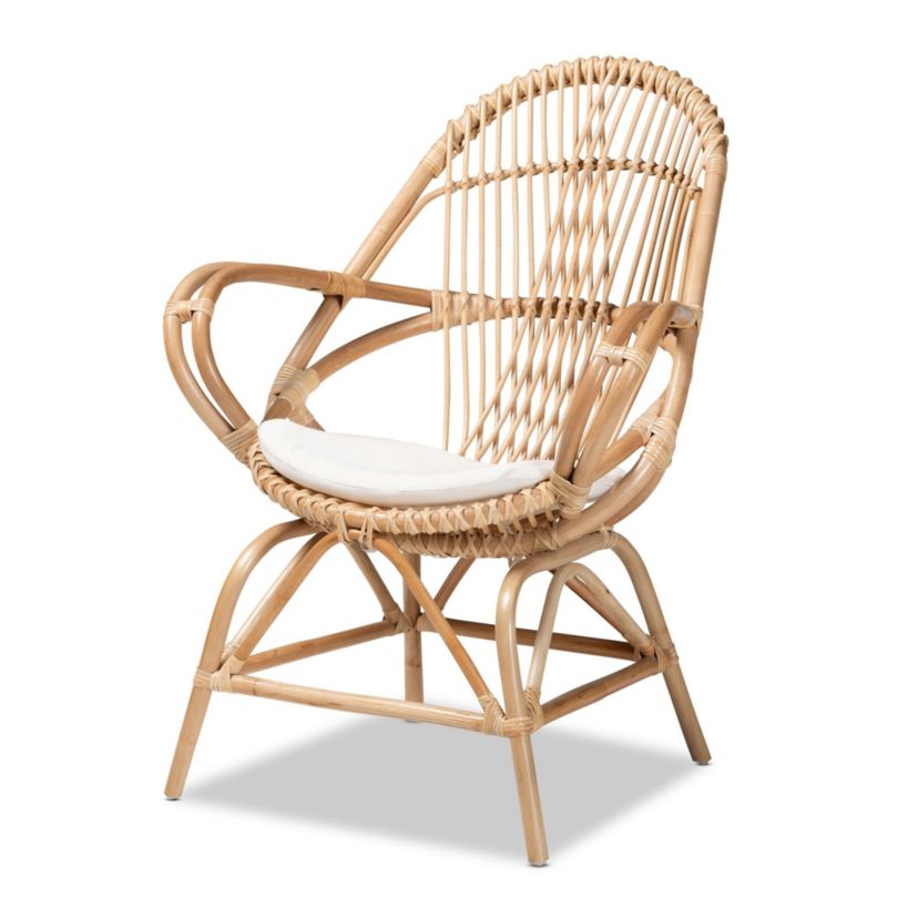 Jayden Modern Bohemian White Fabric Upholstered and Natural Brown Finished Rattan Accent Chair