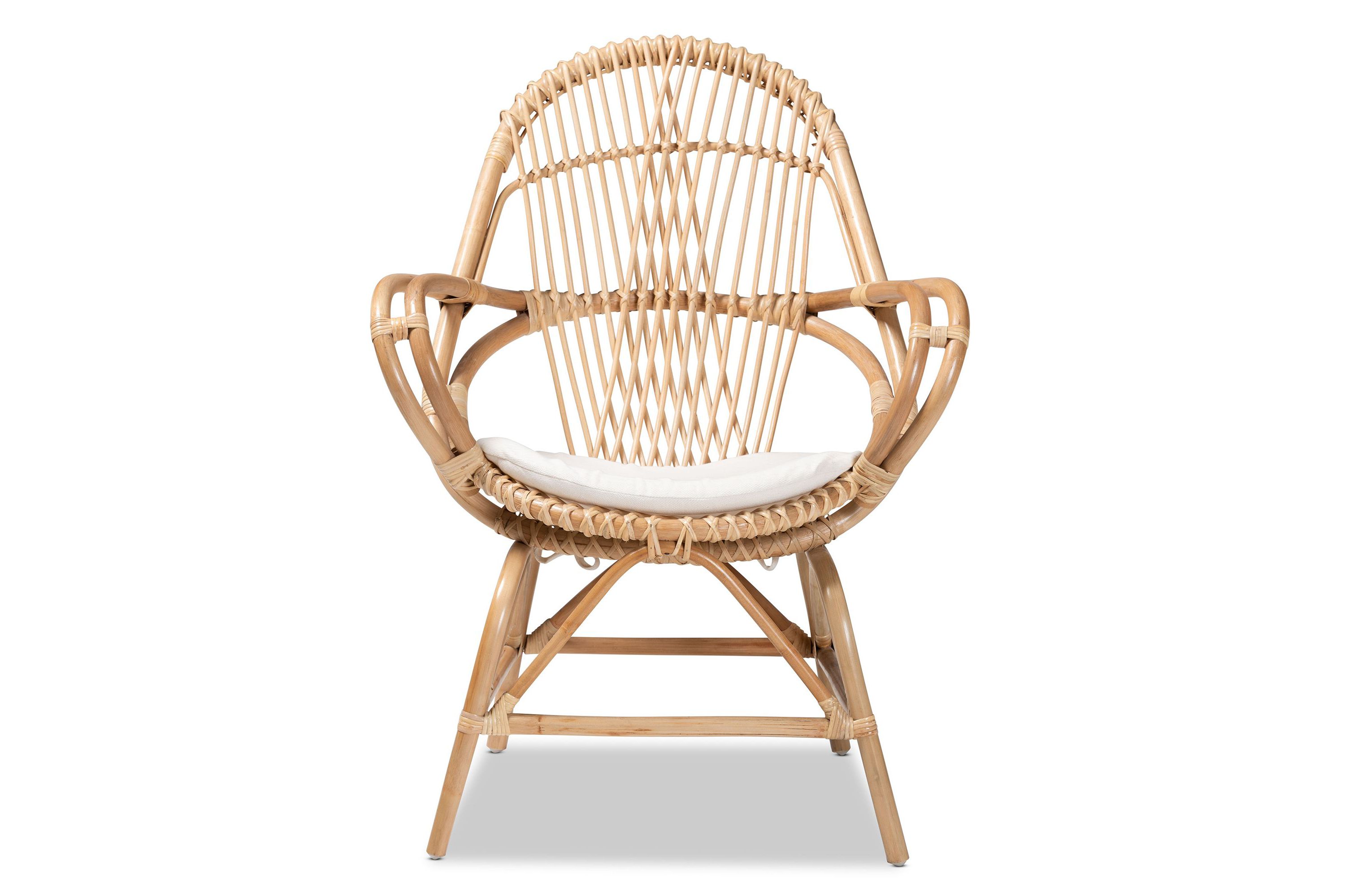 Jayden Modern Bohemian White Fabric Upholstered and Natural Brown Finished Rattan Accent Chair