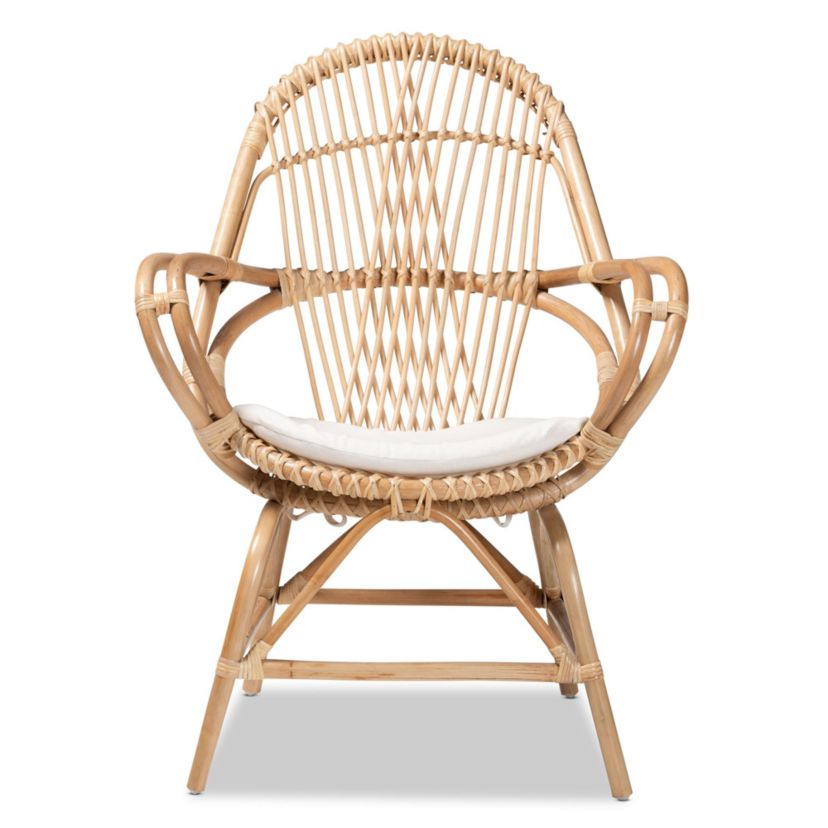 Jayden Modern Bohemian White Fabric Upholstered and Natural Brown Finished Rattan Accent Chair