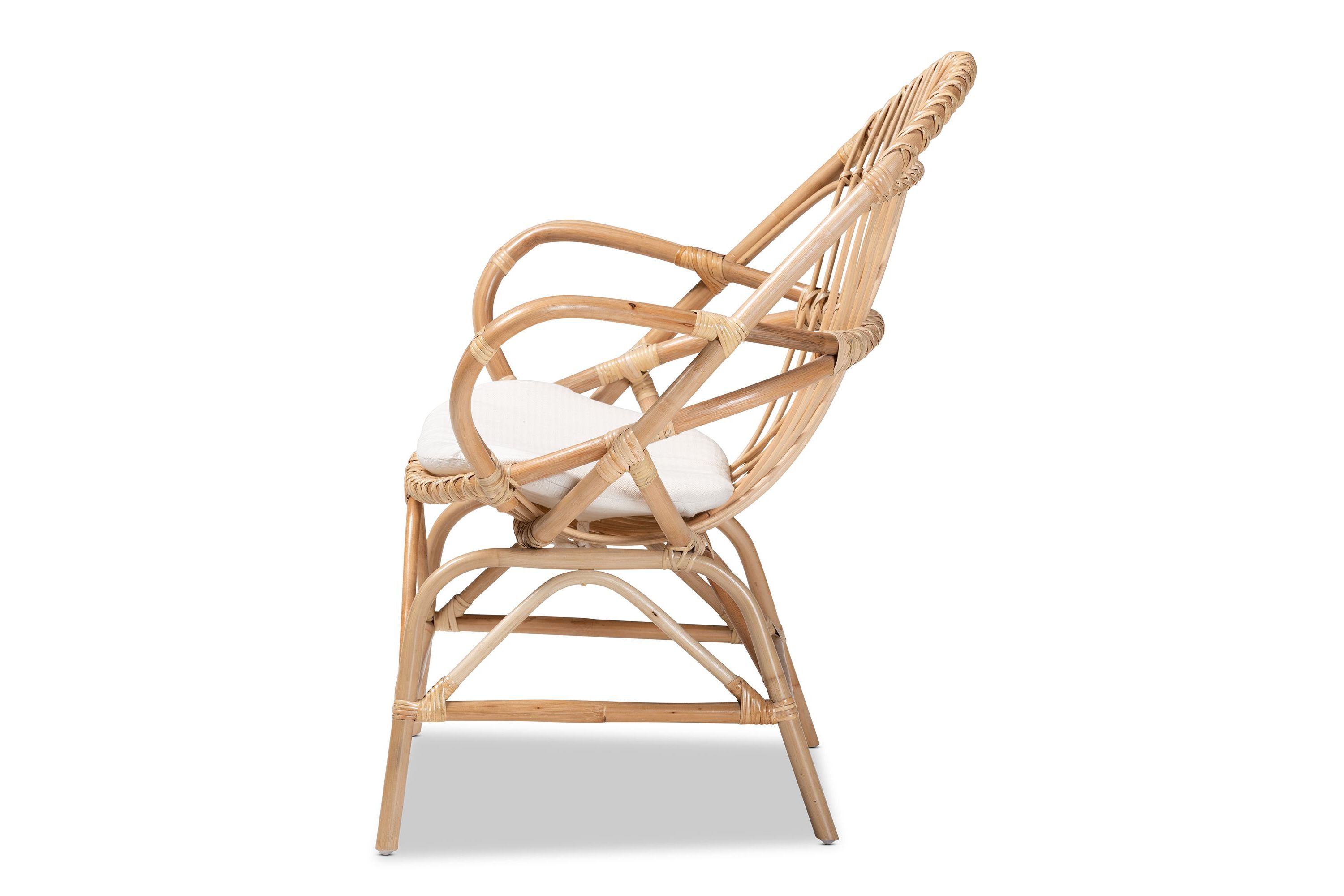 Jayden Modern Bohemian White Fabric Upholstered and Natural Brown Finished Rattan Accent Chair