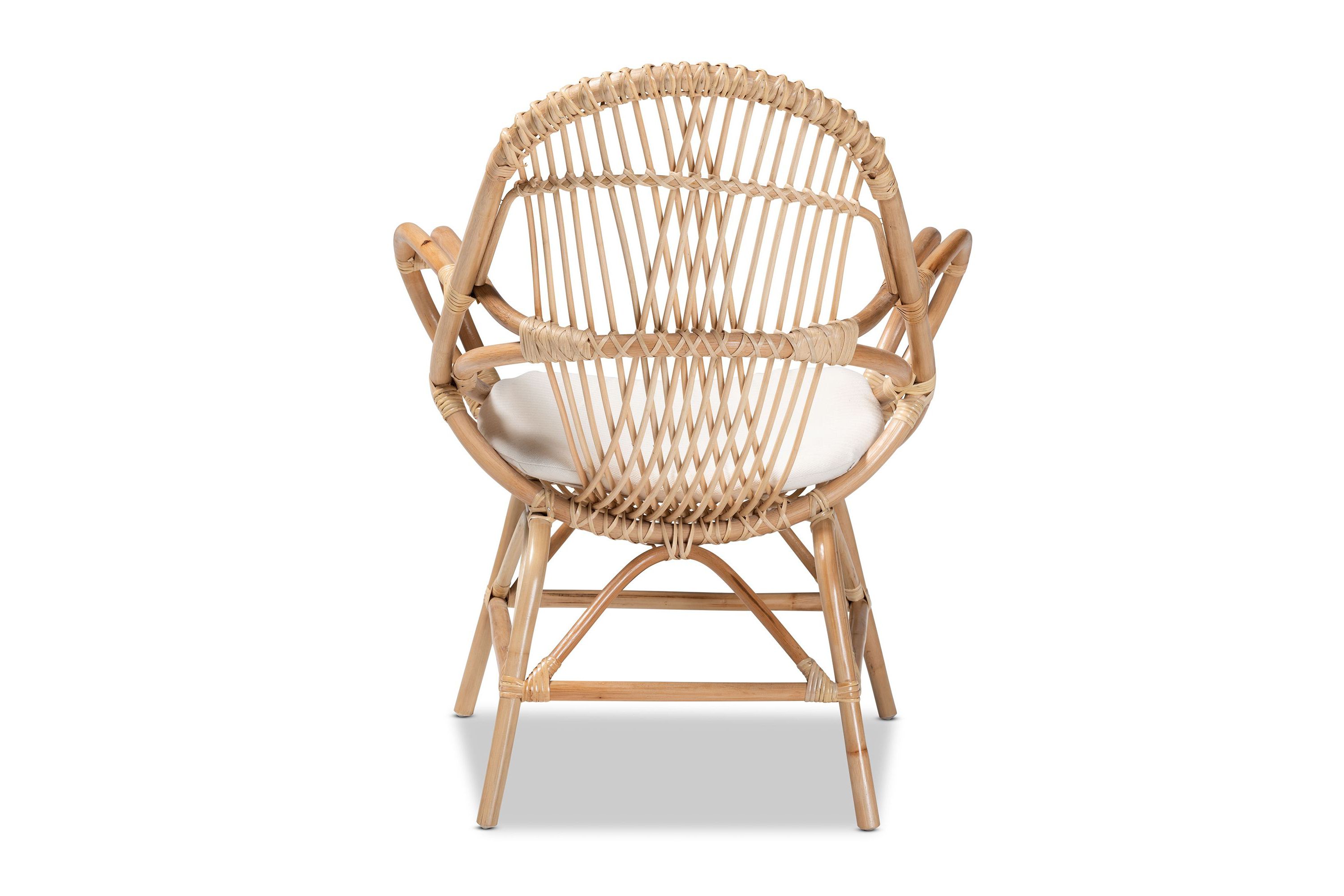 Jayden Modern Bohemian White Fabric Upholstered and Natural Brown Finished Rattan Accent Chair