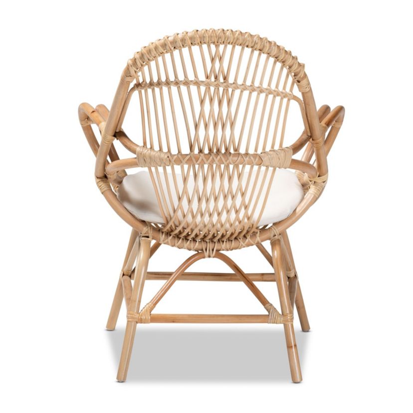 Jayden Modern Bohemian White Fabric Upholstered and Natural Brown Finished Rattan Accent Chair