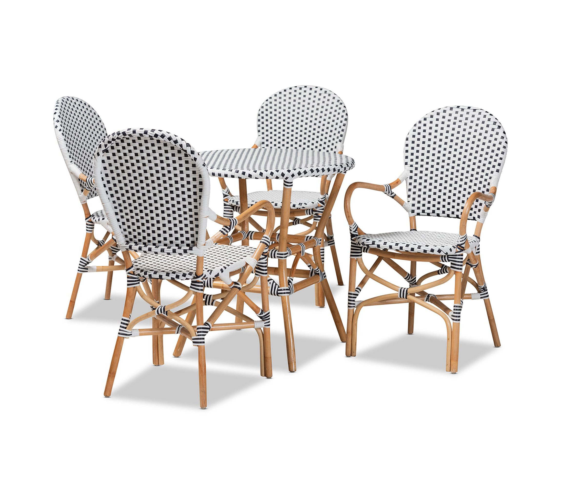 Naila Classic French Black and White Plastic and Natural Brown Rattan 5-Piece Indoor and Outdoor Bistro Set
