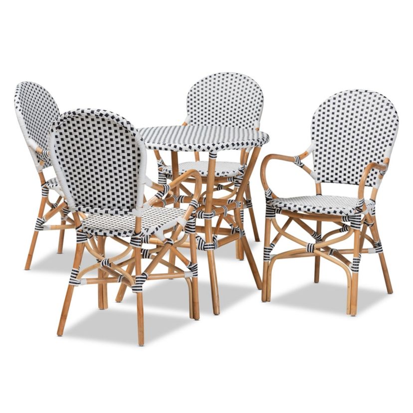 Naila Classic French Black and White Plastic and Natural Brown Rattan 5-Piece Indoor and Outdoor Bistro Set