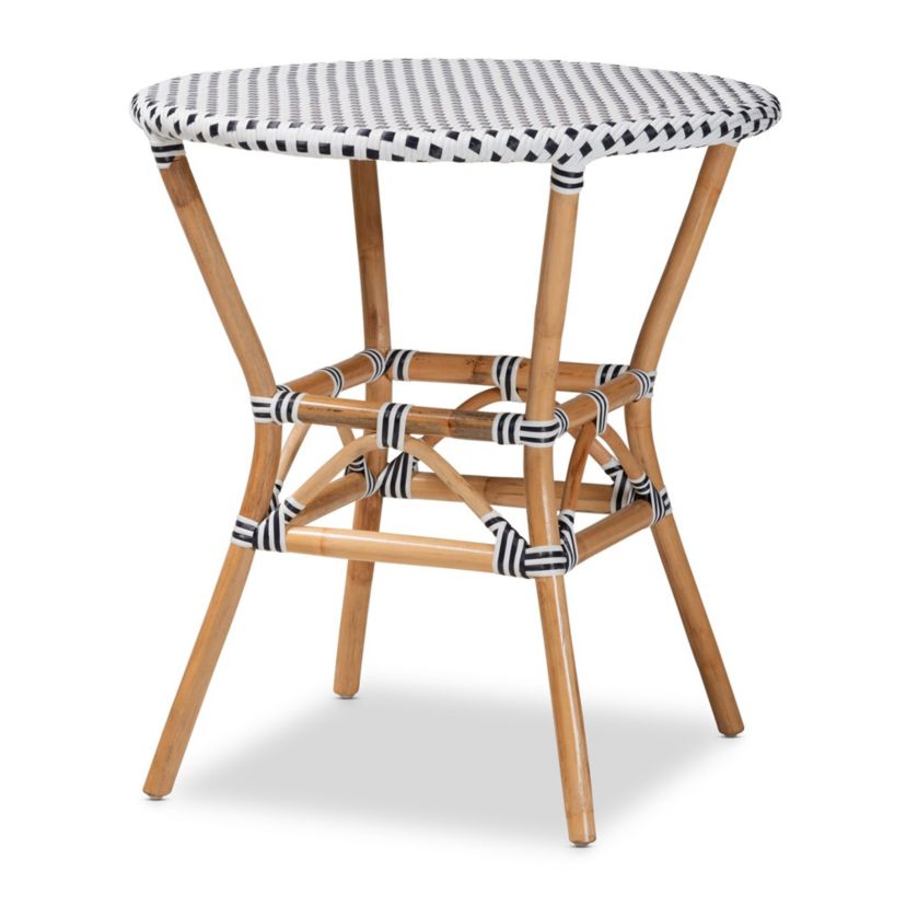 Tavor Classic French Black and White Weaving and Natural Brown Rattan Indoor and Outdoor Bistro Table