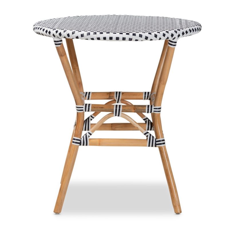 Tavor Classic French Black and White Weaving and Natural Brown Rattan Indoor and Outdoor Bistro Table