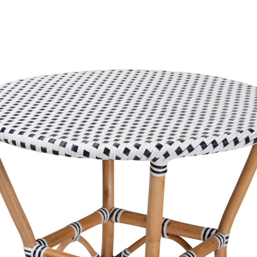 Tavor Classic French Black and White Weaving and Natural Brown Rattan Indoor and Outdoor Bistro Table