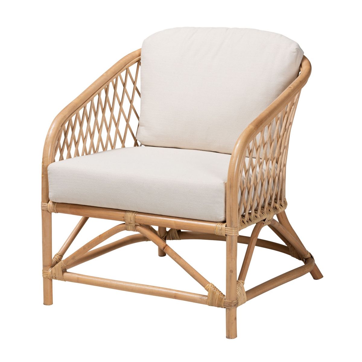 Patsy Modern Bohemian White Fabric and Natural Brown Rattan Armchair