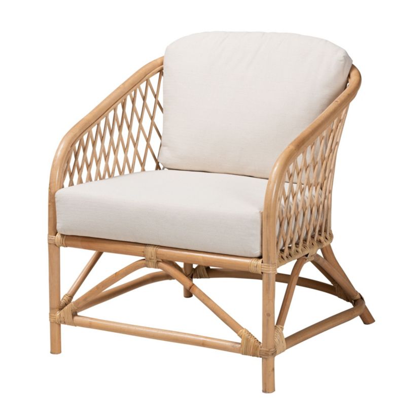 Patsy Modern Bohemian White Fabric and Natural Brown Rattan Armchair