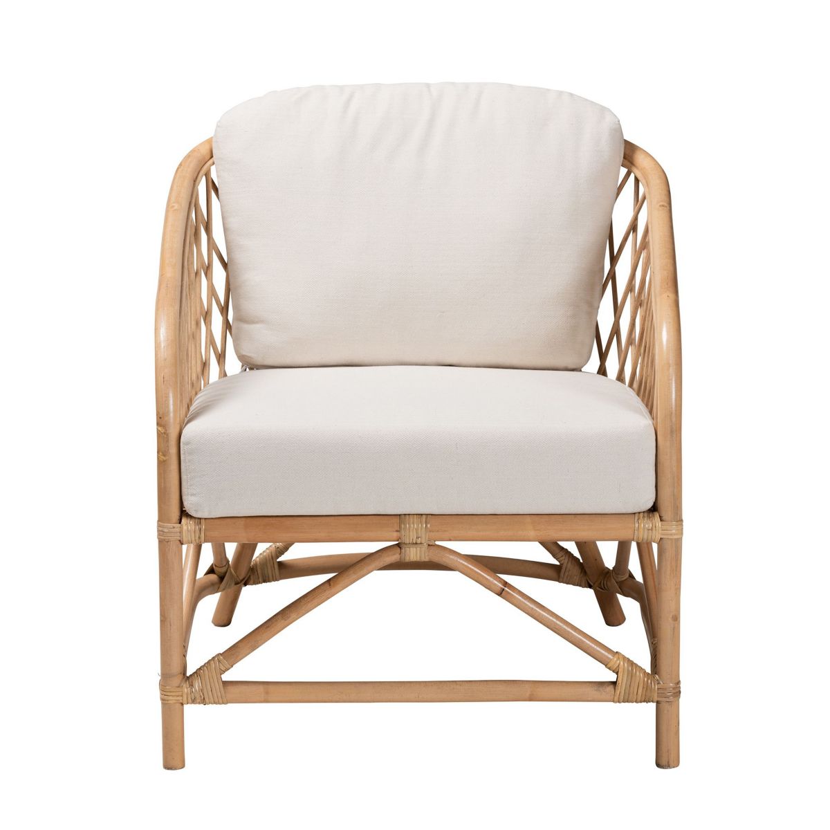 Patsy Modern Bohemian White Fabric and Natural Brown Rattan Armchair