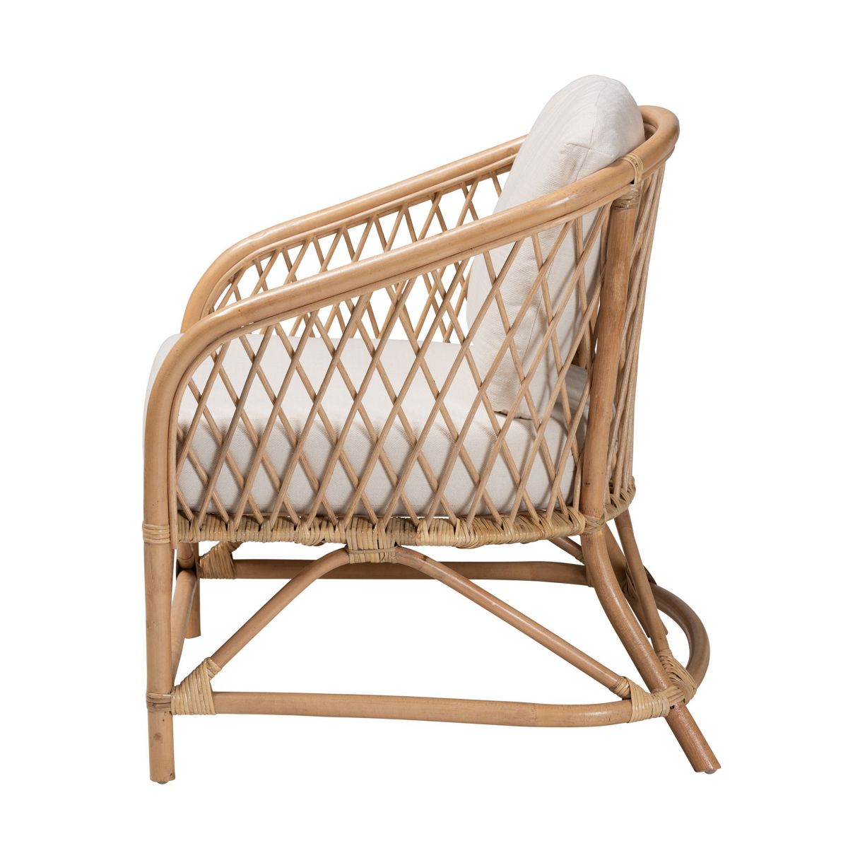 Patsy Modern Bohemian White Fabric and Natural Brown Rattan Armchair