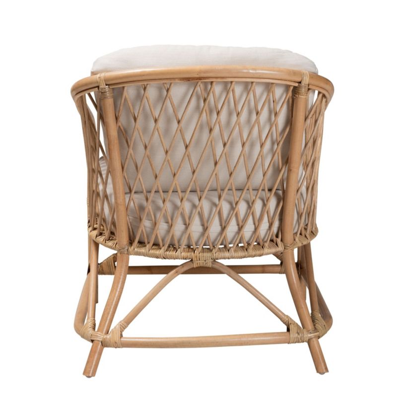 Patsy Modern Bohemian White Fabric and Natural Brown Rattan Armchair
