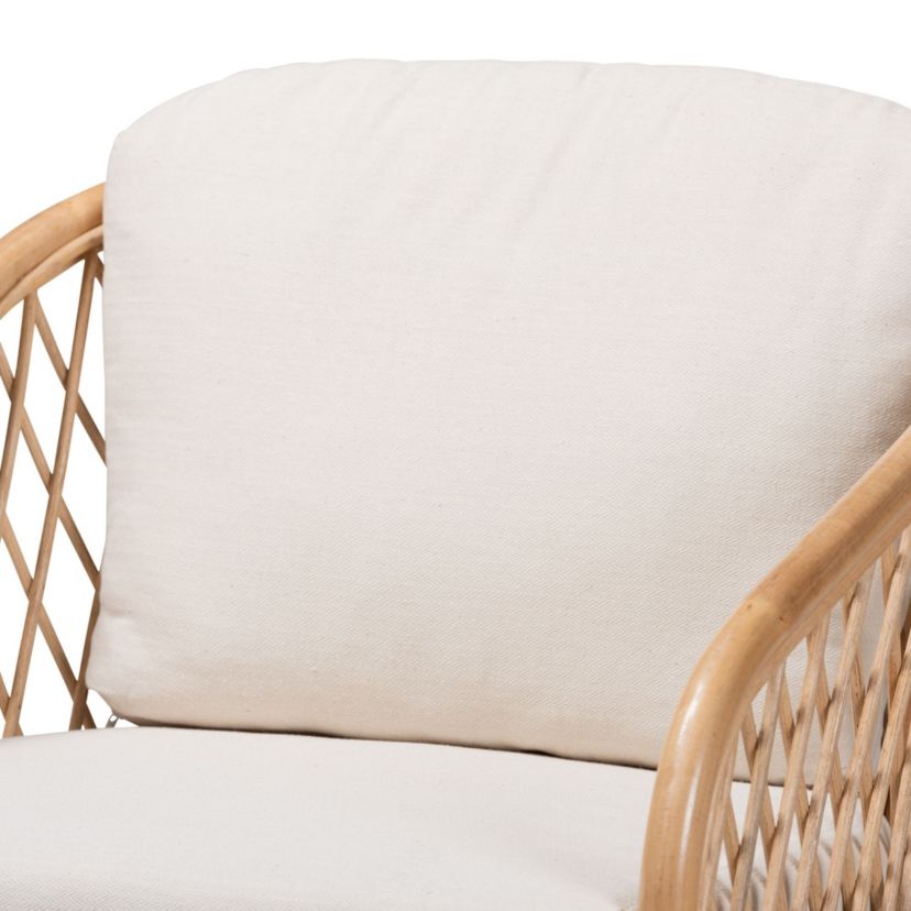 Patsy Modern Bohemian White Fabric and Natural Brown Rattan Armchair