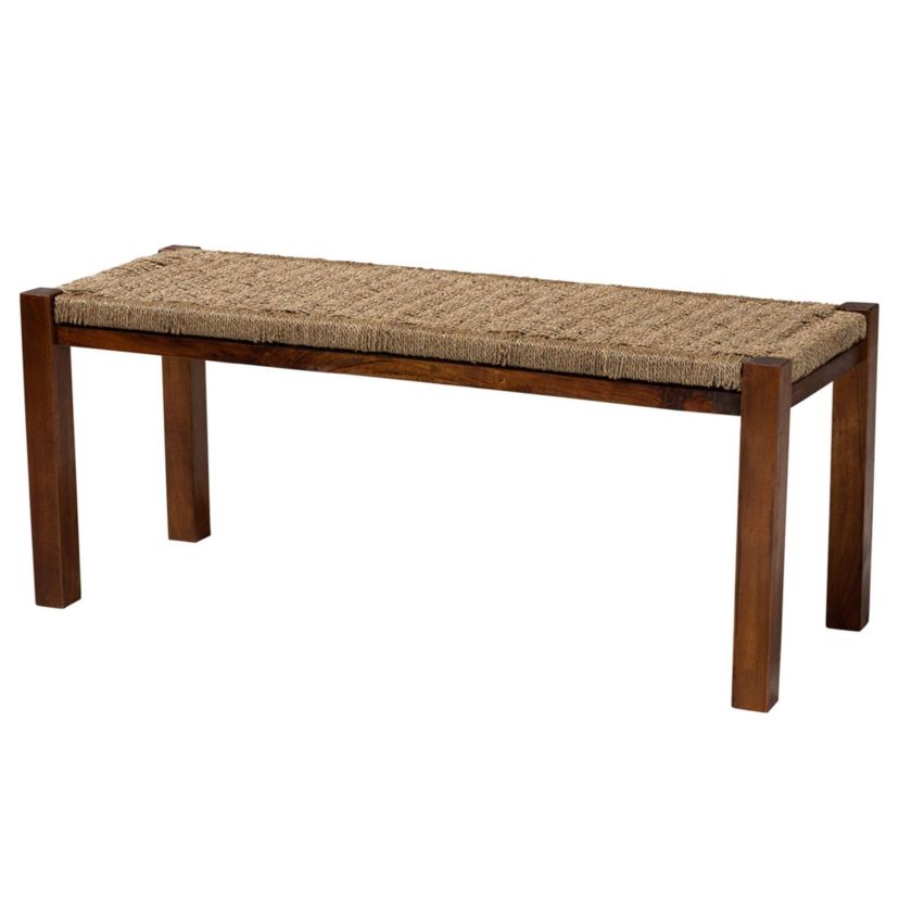 Hermes Mid-Century Modern Transitional Natural Seagrass and Mahogany Wood Trunks and Benches