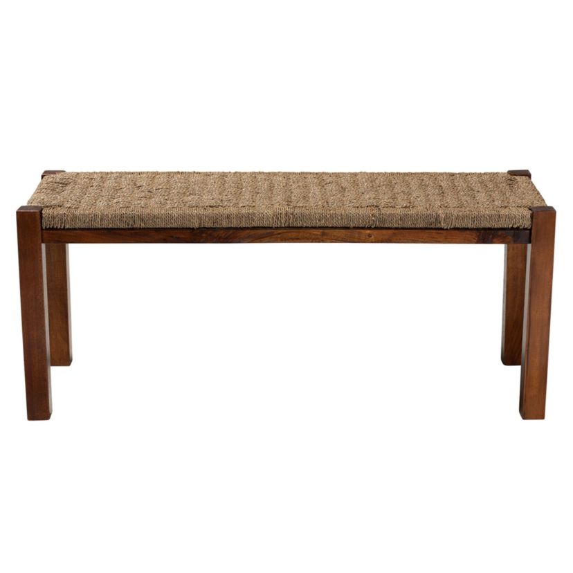 Hermes Mid-Century Modern Transitional Natural Seagrass and Mahogany Wood Trunks and Benches