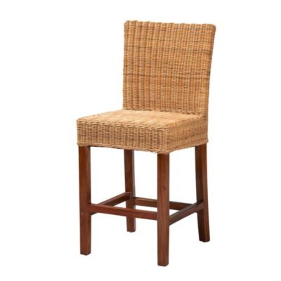 Racquel Modern Bohemian Natural Rattan and Mahogany Wood Counter Stool