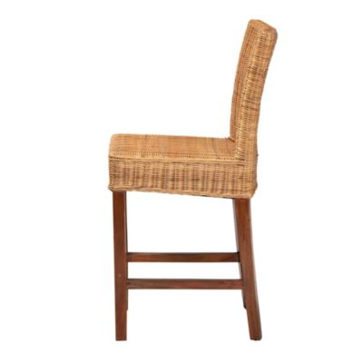 Racquel Modern Bohemian Natural Rattan and Mahogany Wood Counter Stool