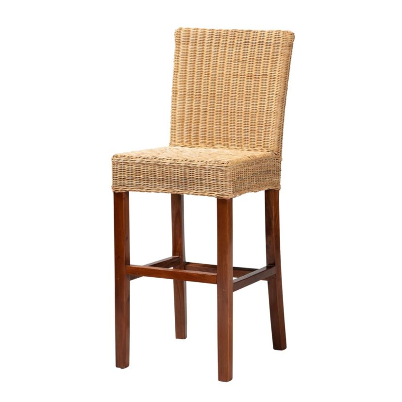 Racquel Modern Bohemian Natural Rattan and Mahogany Wood Bar Stool
