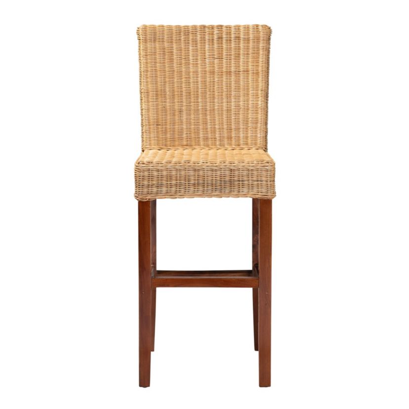 Racquel Modern Bohemian Natural Rattan and Mahogany Wood Bar Stool