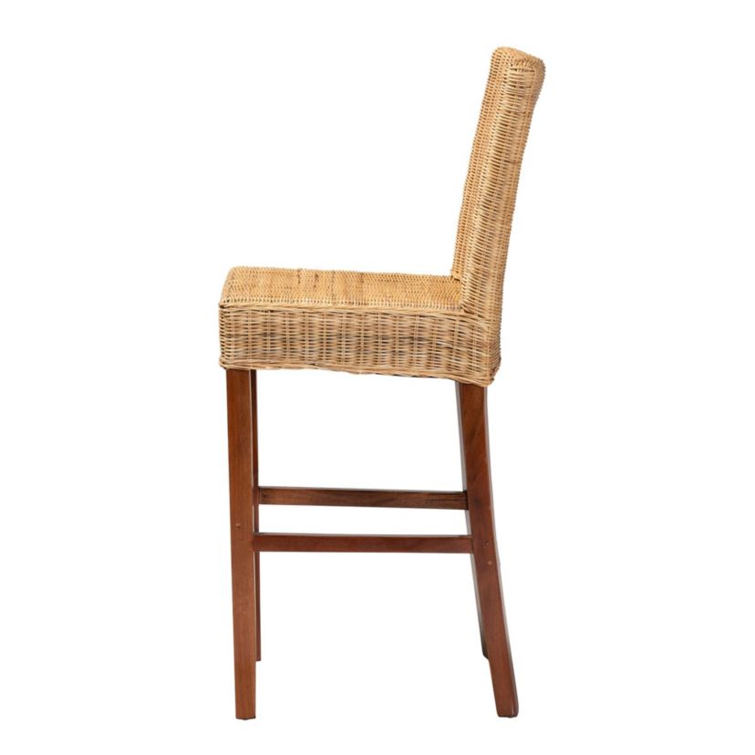 Racquel Modern Bohemian Natural Rattan and Mahogany Wood Bar Stool