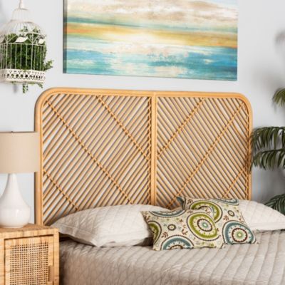 Sakina Modern Bohemian Natural Brown Rattan Queen Size Wall-mount Headboard