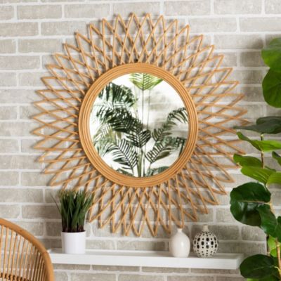 Vera Modern Bohemian Natural Brown Rattan Accent Wall Mirror