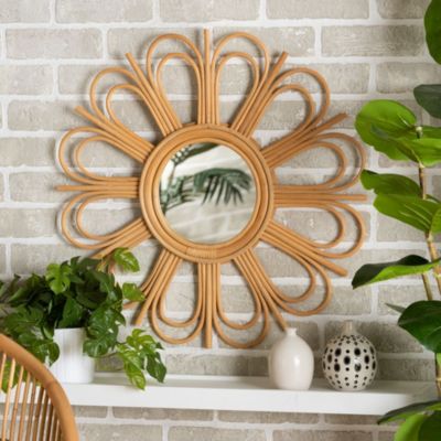 Sakura Modern Bohemian Natural Brown Rattan Accent Wall Mirror