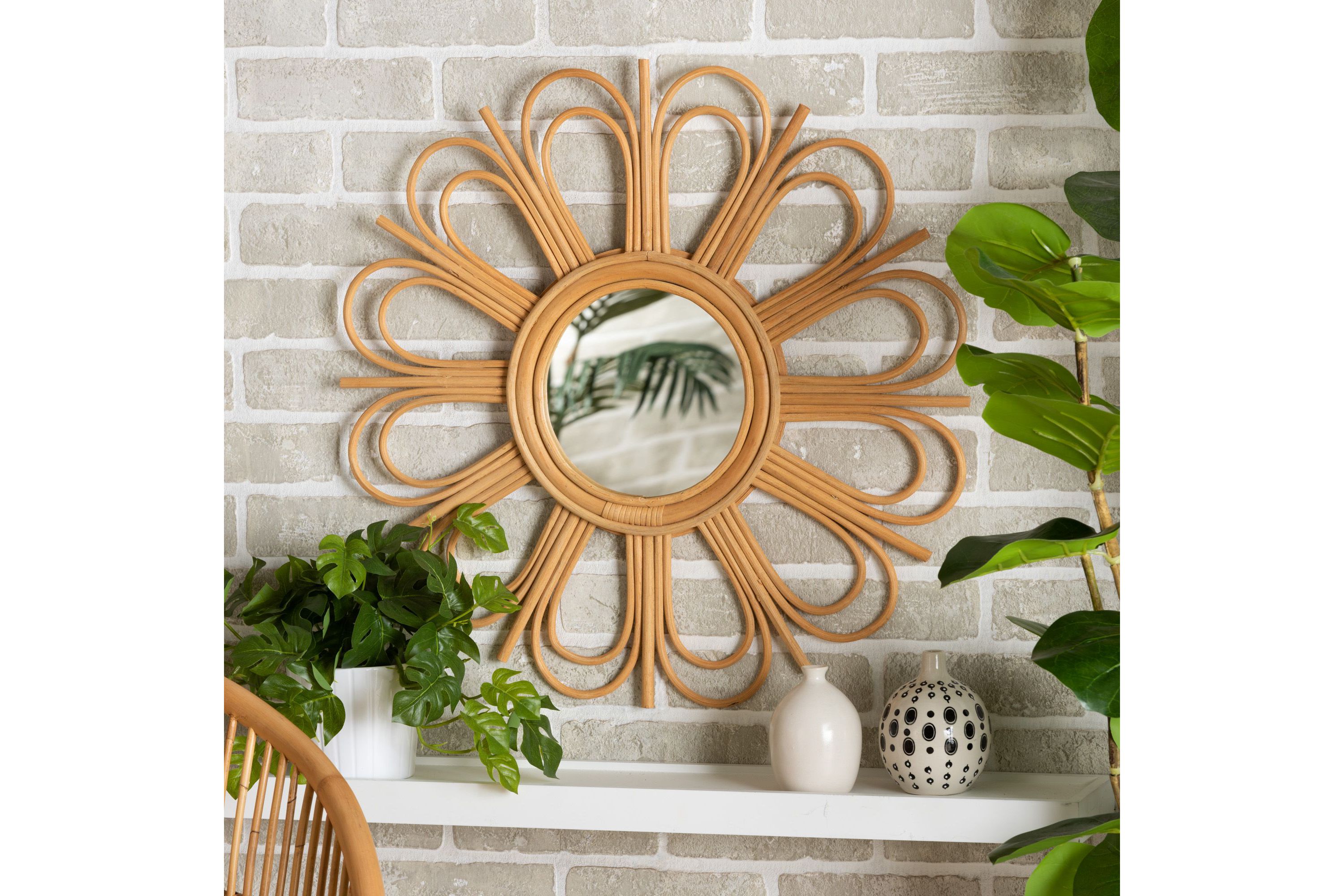 Sakura Modern Bohemian Natural Brown Rattan Accent Wall Mirror
