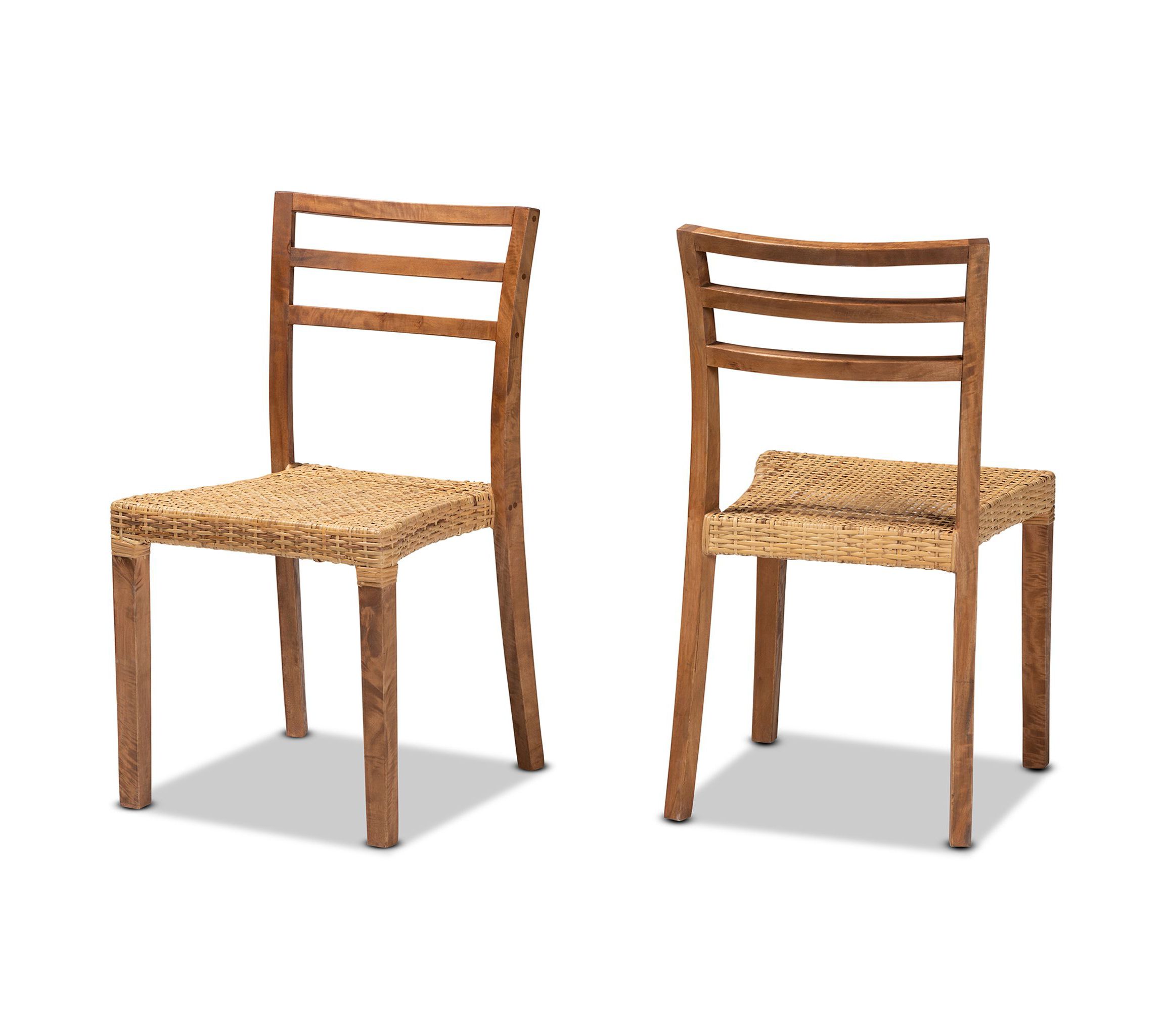 Arthur Mid-Century Modern Walnut Brown Mahogany Wood and Natural Rattan Dining Chairs