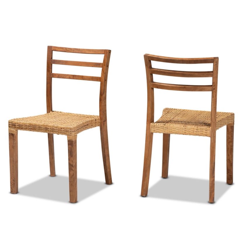 Arthur Mid-Century Modern Walnut Brown Mahogany Wood and Natural Rattan Dining Chairs