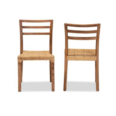 Arthur Mid-Century Modern Walnut Brown Mahogany Wood and Natural Rattan Dining Chairs