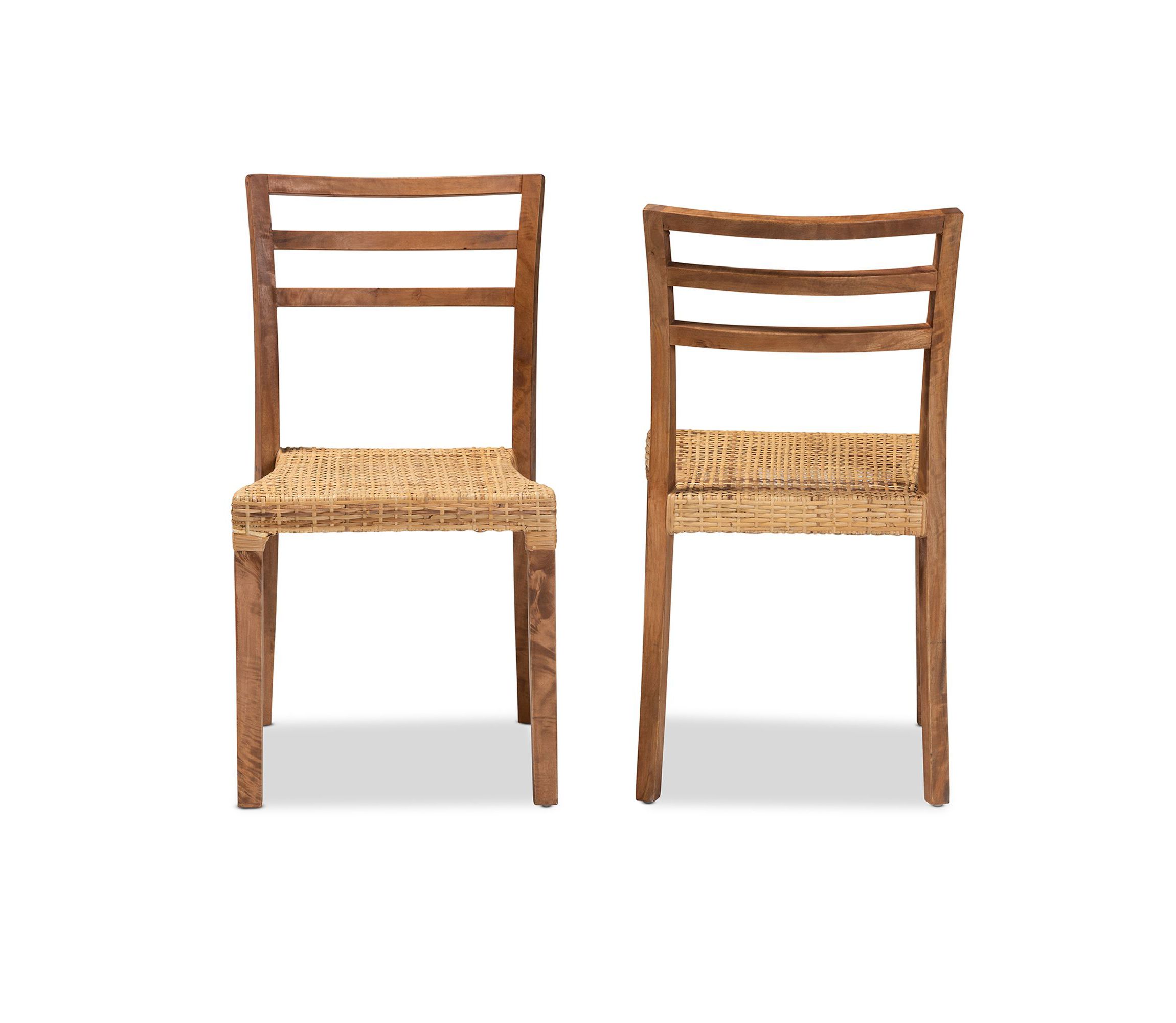 Arthur Mid-Century Modern Walnut Brown Mahogany Wood and Natural Rattan Dining Chairs