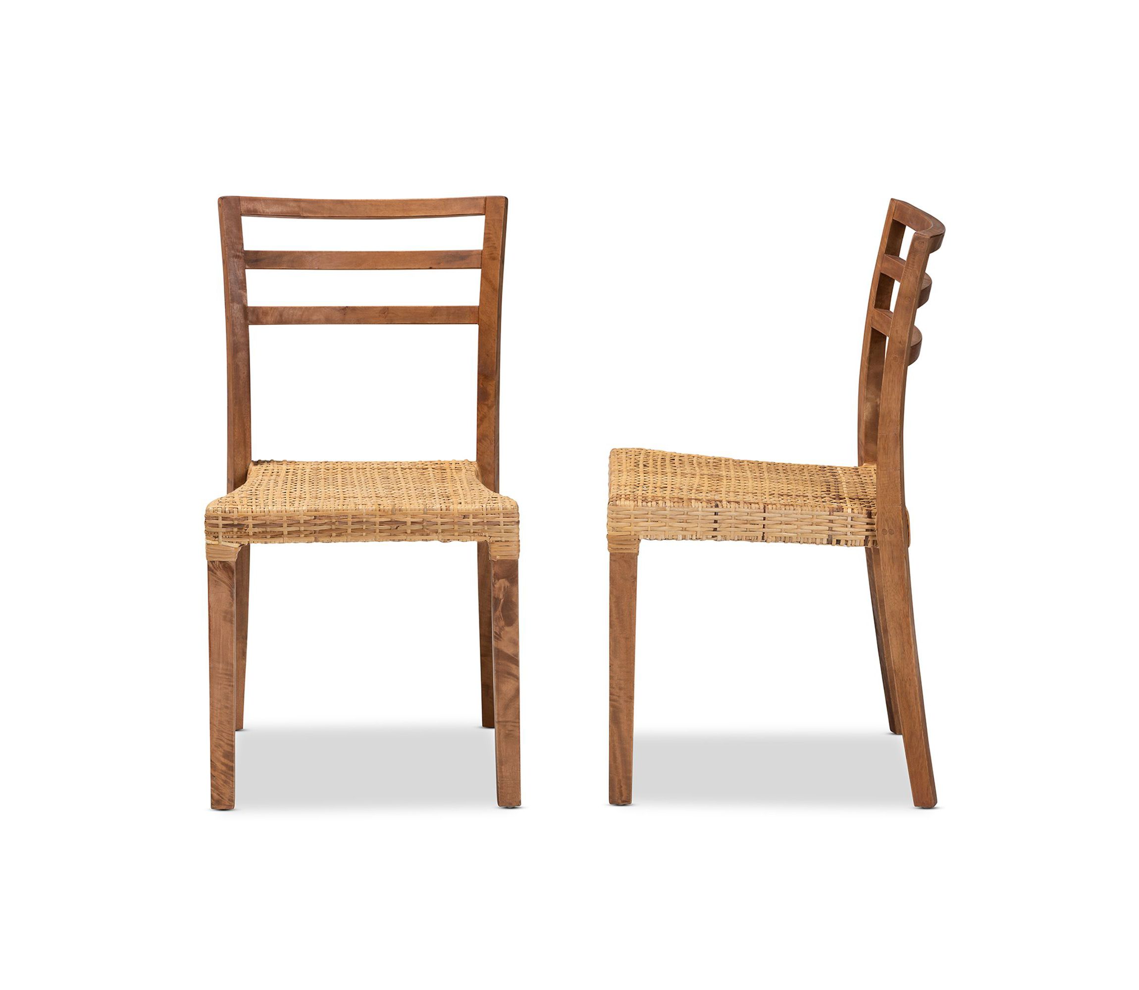 Arthur Mid-Century Modern Walnut Brown Mahogany Wood and Natural Rattan Dining Chairs