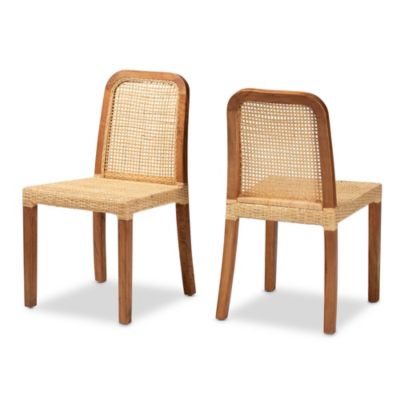 Caspia Mid-Century Modern Walnut Brown Mahogany Wood and Natural Rattan Dining Chairs