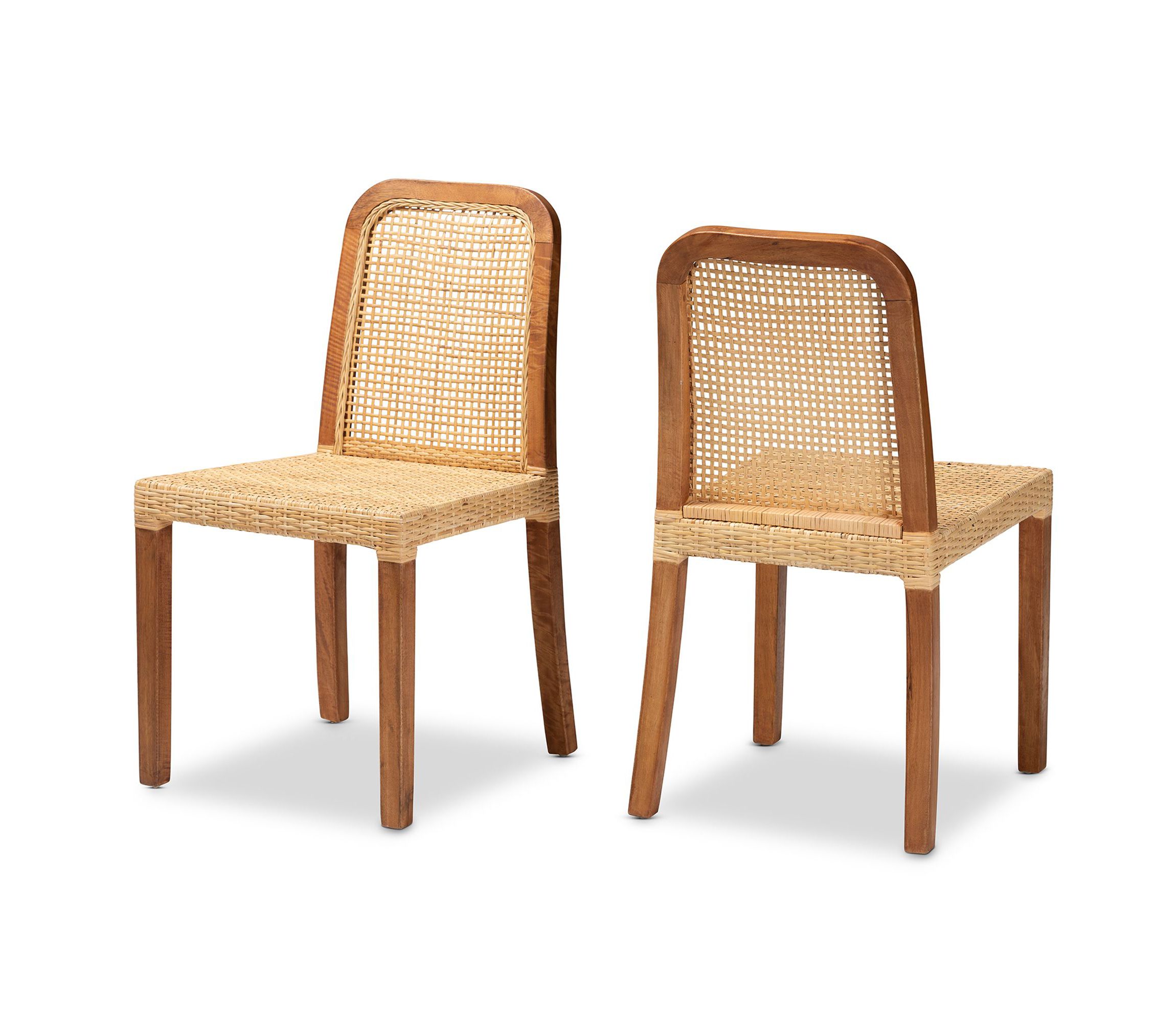 Caspia Mid-Century Modern Walnut Brown Mahogany Wood and Natural Rattan Dining Chairs