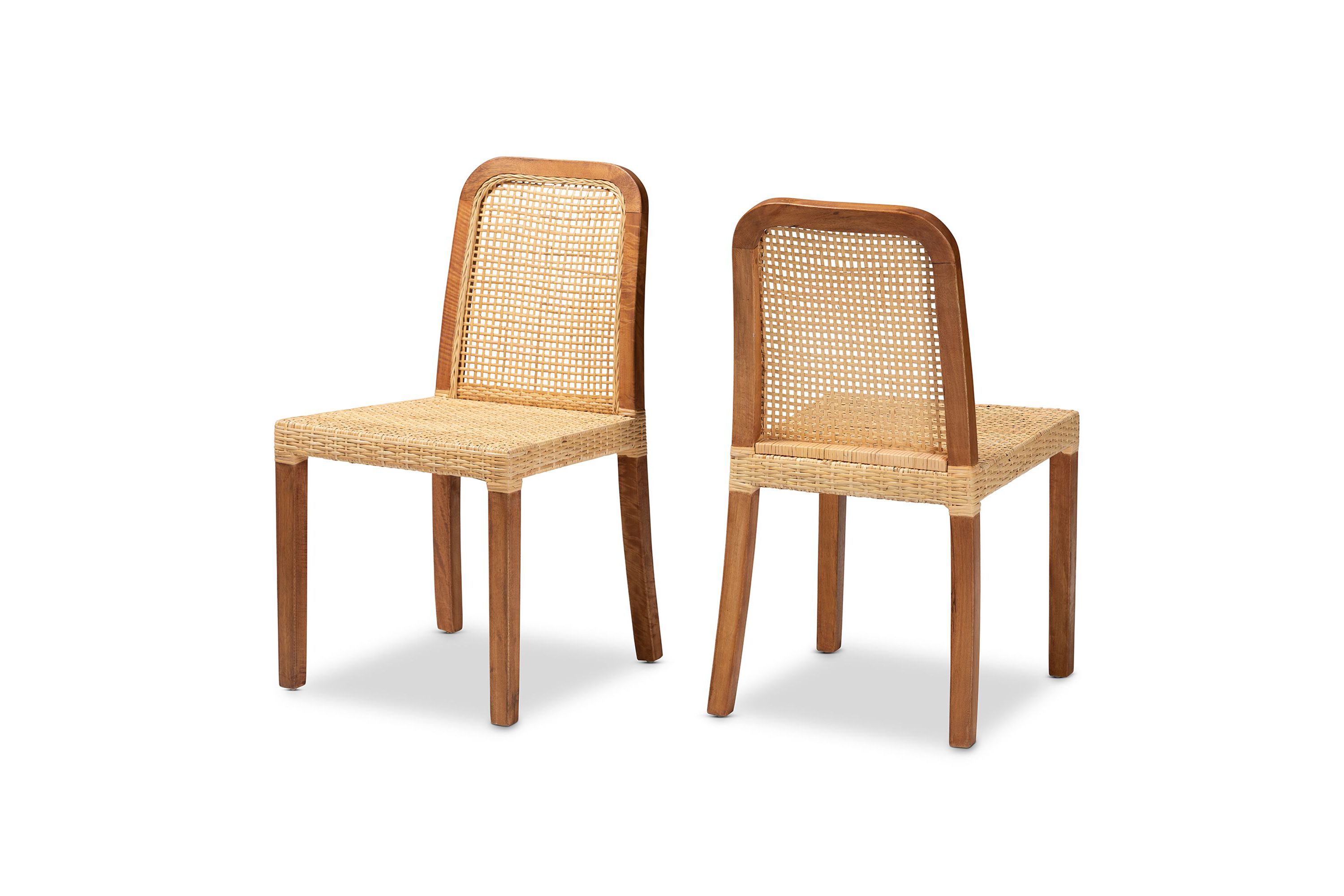 Caspia Mid-Century Modern Walnut Brown Mahogany Wood and Natural Rattan Dining Chairs