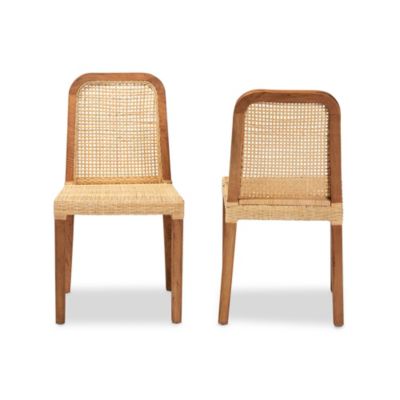 Caspia Mid-Century Modern Walnut Brown Mahogany Wood and Natural Rattan Dining Chairs