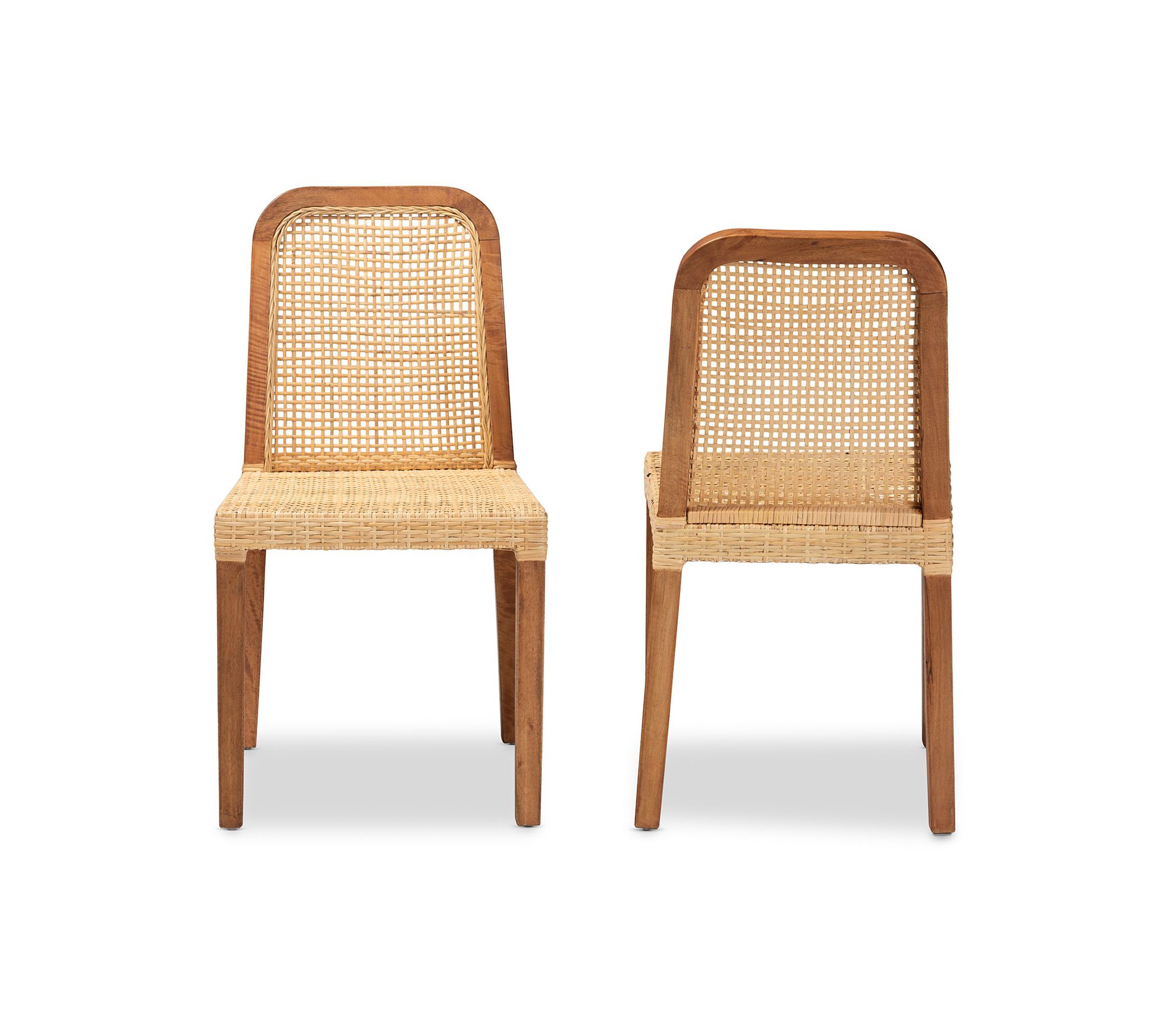 Caspia Mid-Century Modern Walnut Brown Mahogany Wood and Natural Rattan Dining Chairs